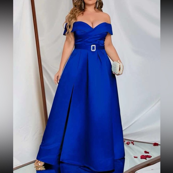 Plus size blue off shoulder party formal evening maxi dress - Picture 4 of 7